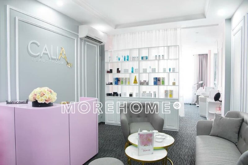 Thi công Spa làm đẹp khu vực quầy lễ tân, tiếp khách với tông màu hồng xám ấn tượng