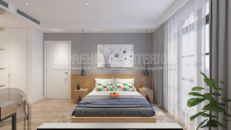 Thiết kế giường ngủ gỗ công nghiệp màu vàng kết hợp với tab đầu giường cũng cùng màu mang đến sự tươi mới cho không gian phòng ngủ